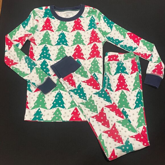 ~~ CREWCUTS Kids Sz 10 Christmas Tree PJs J.Crew Pajamas Set Sleepwear Green/Red - Picture 1 of 11